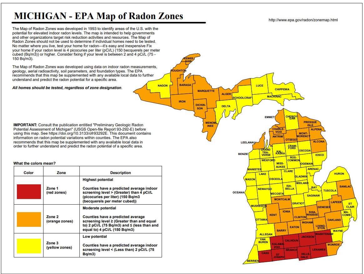 Michigan EPA Radon Zones
